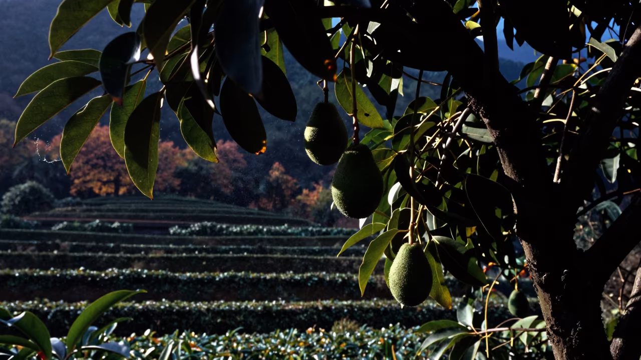 Avocado Fruit Night Rim Light Hangzhou Terraces in among terraced garden plots near Hangzhou