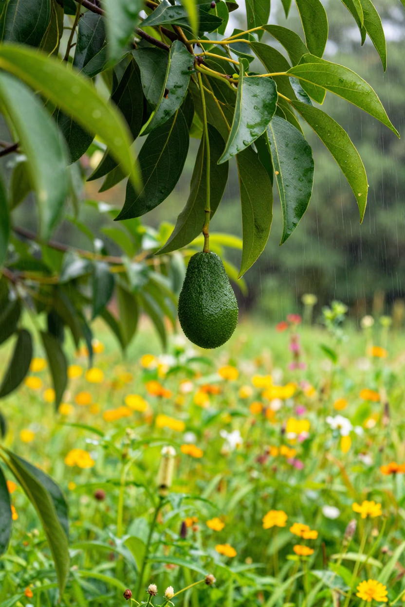 Avocado Tree Fruit in Massachusetts Meadow in in a bloom-heavy meadow in Massachusetts