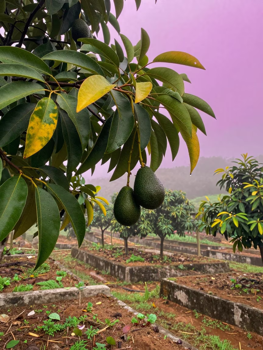Avocado Tree in Magenta Mist Pernambuco in among terraced garden plots in Pernambuco