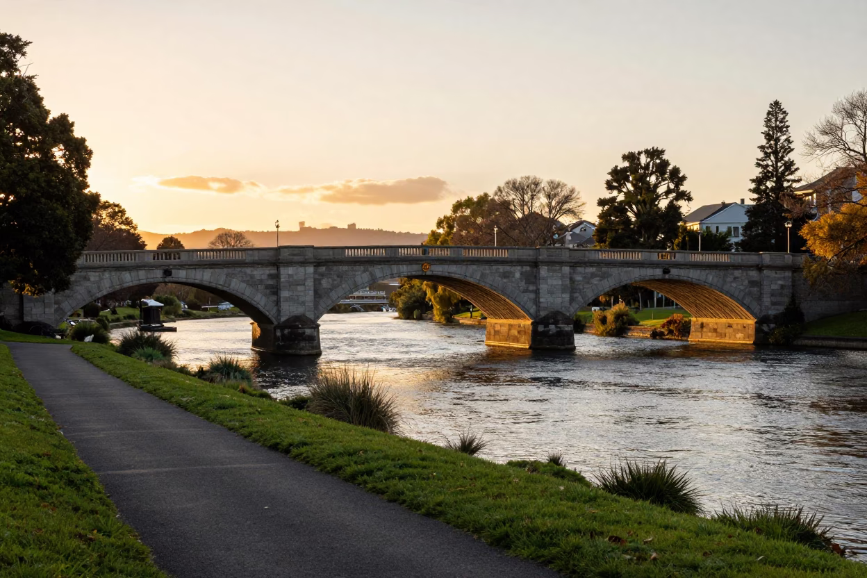 Avon River And Hagley Park Bridge in Christchurch in in Christchurch, New Zealand