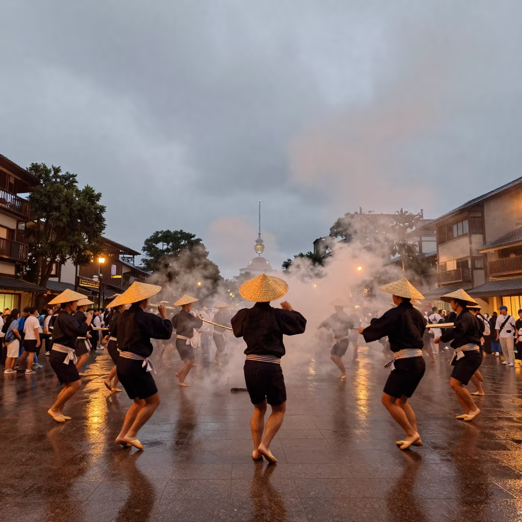 Awa Odori Dancers in Downward Falling Smoke in at a public square during a festival in San Carlos