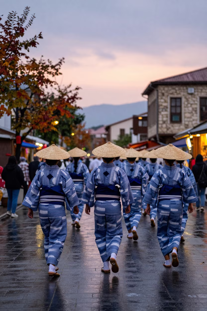 Awa Odori Dancers in Kayseri Evening Rain in at a festival street procession in Kayseri