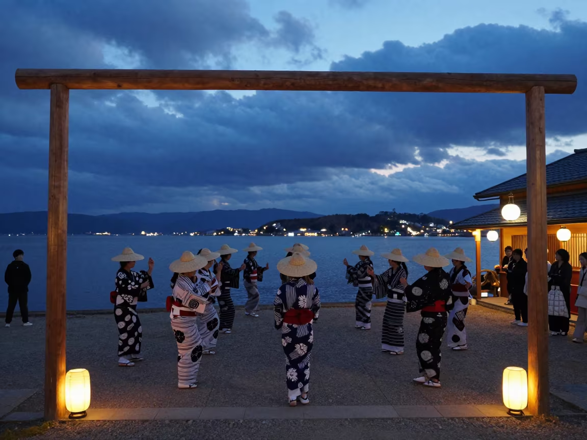 Awa Odori Dancers in Kerman Twilight in at a waterfront celebration in Kerman