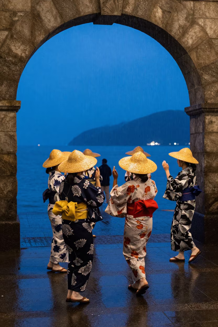 Awa Odori Dancers in Minatitlán Drizzle in at a waterfront celebration in Minatitlán