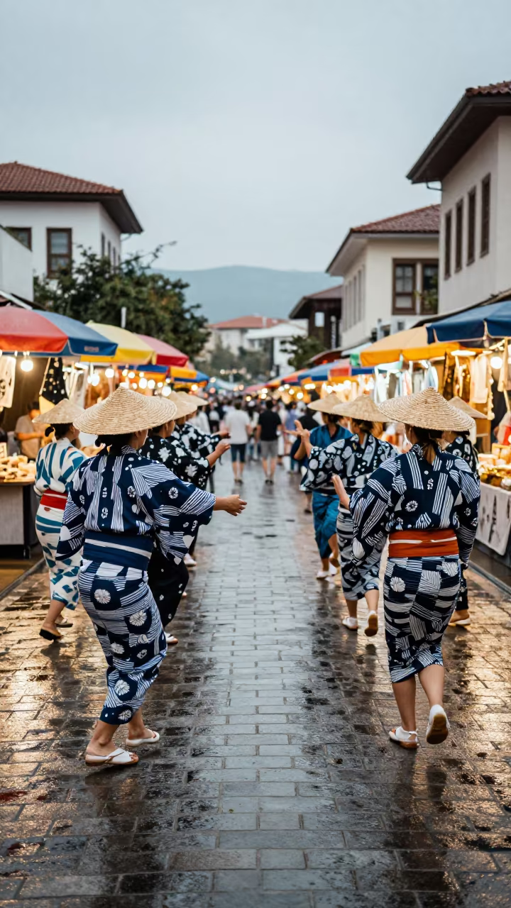 Awa Odori Dancers in Straw Hats at Antalya Market in at a night market in Antalya