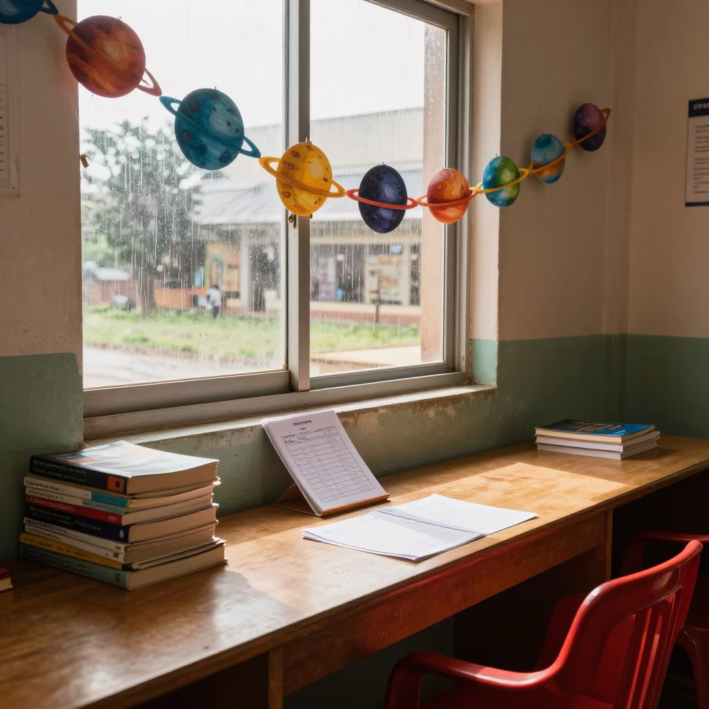 Awka School Library Checkout Desk with Planet Chain in inside a quiet classroom in Awka