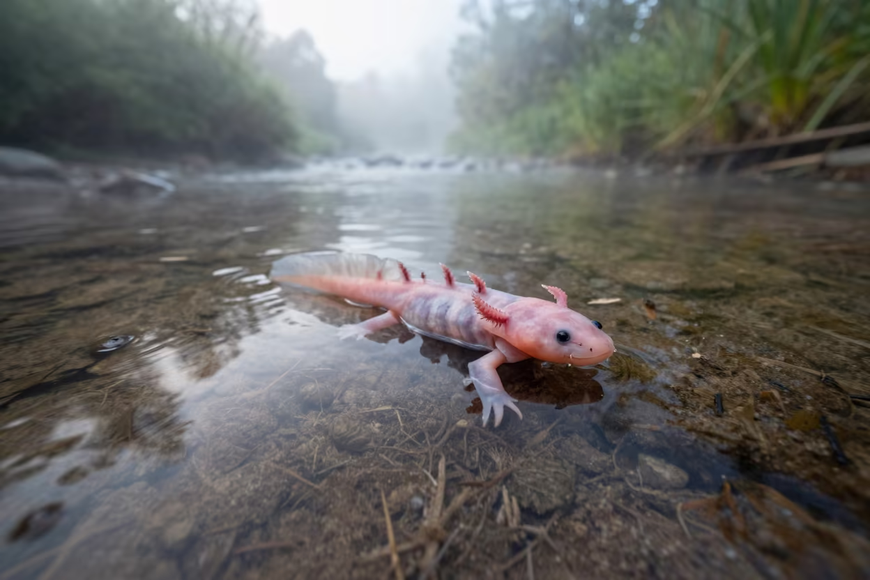 Axolotl Floating in Glacial Stream Fog in above a glacial stream near Rimini