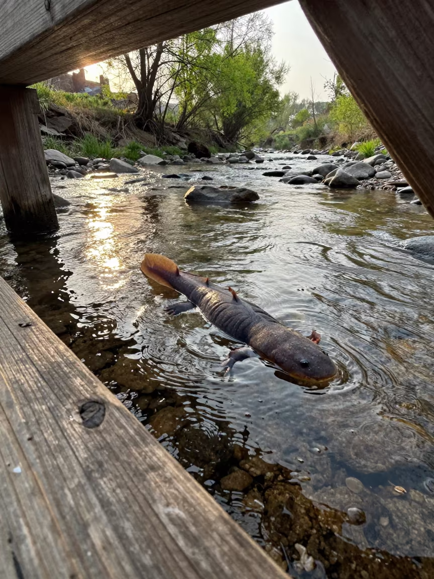 Axolotl in Glacial Stream Water in above a glacial stream near Sheikhupura