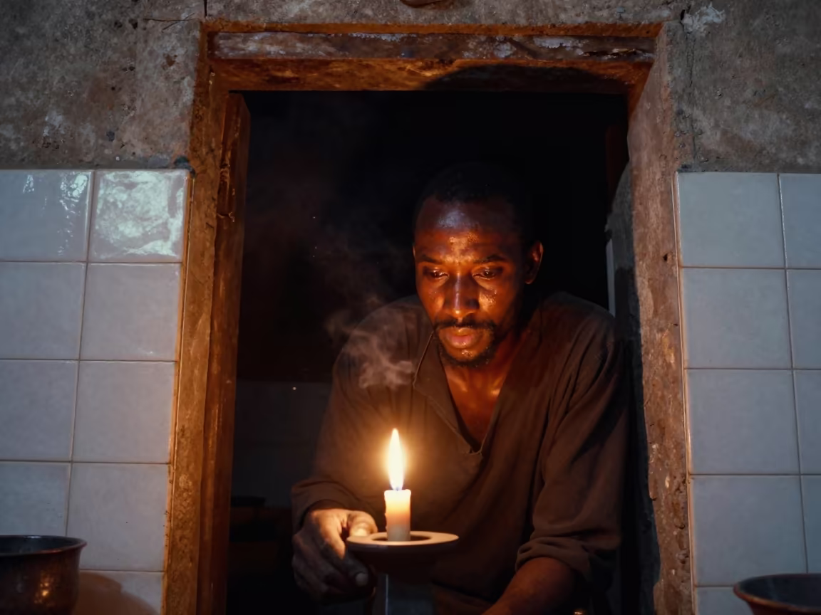Axum Blacksmith Forge Glow Portrait in in a tiled kitchen doorway in Axum