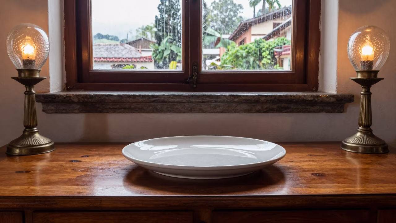 Ayacucho Serving Platter on Mahogany Cabinet in on a stone ledge in Ayacucho