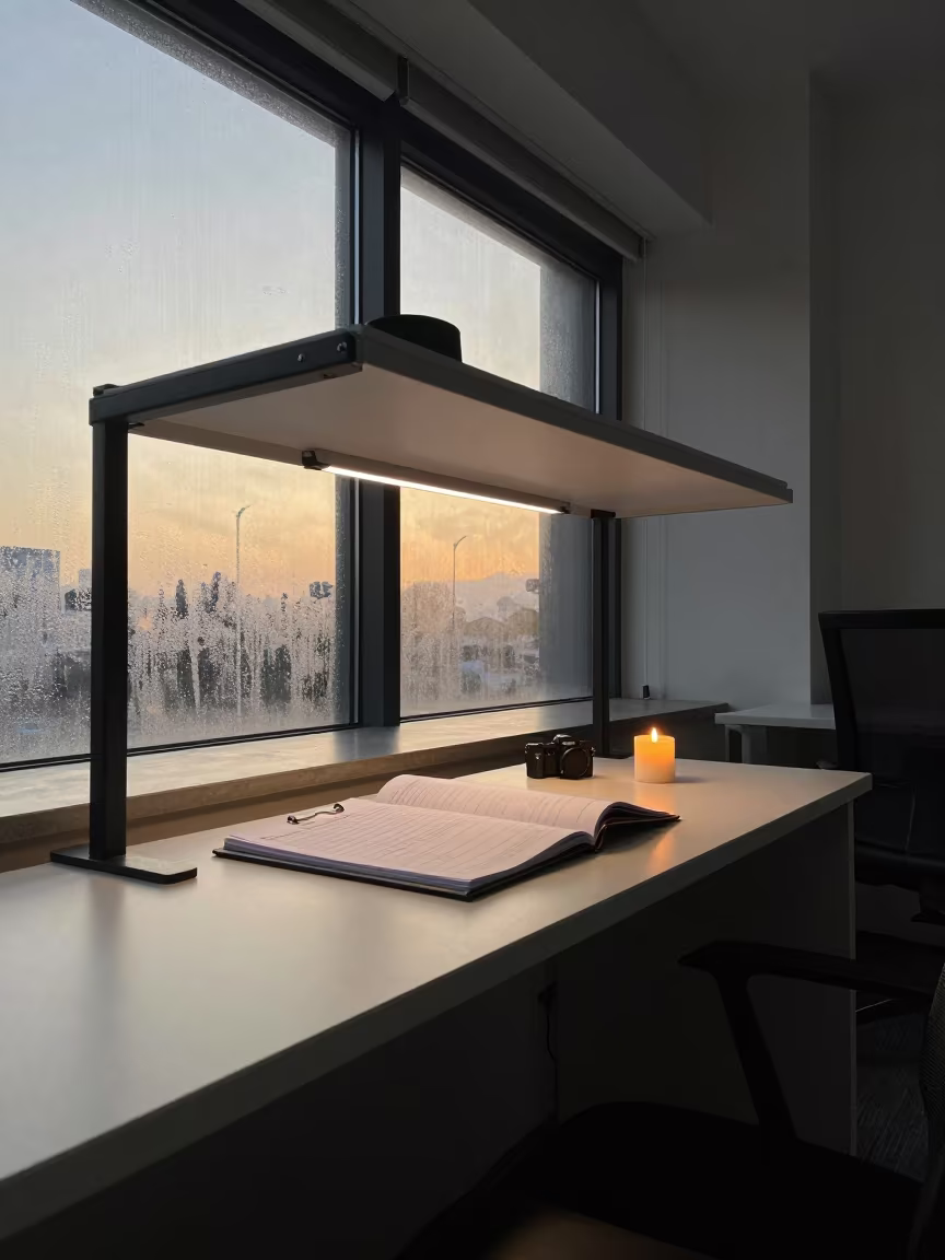 Aydın Coworking Press Binder Shelf Under Warm Glow in inside a coworking floor in Aydın