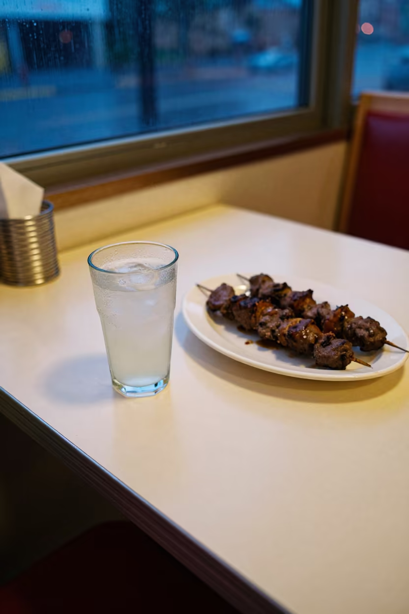 Ayran and Kebab on Diner Table at Blue Hour in at a roadside diner table in Honolulu