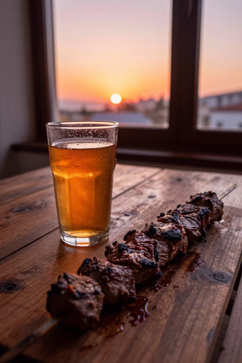Ayran and Kebab on Rustic Athens Table in on a rustic wooden table in Athens