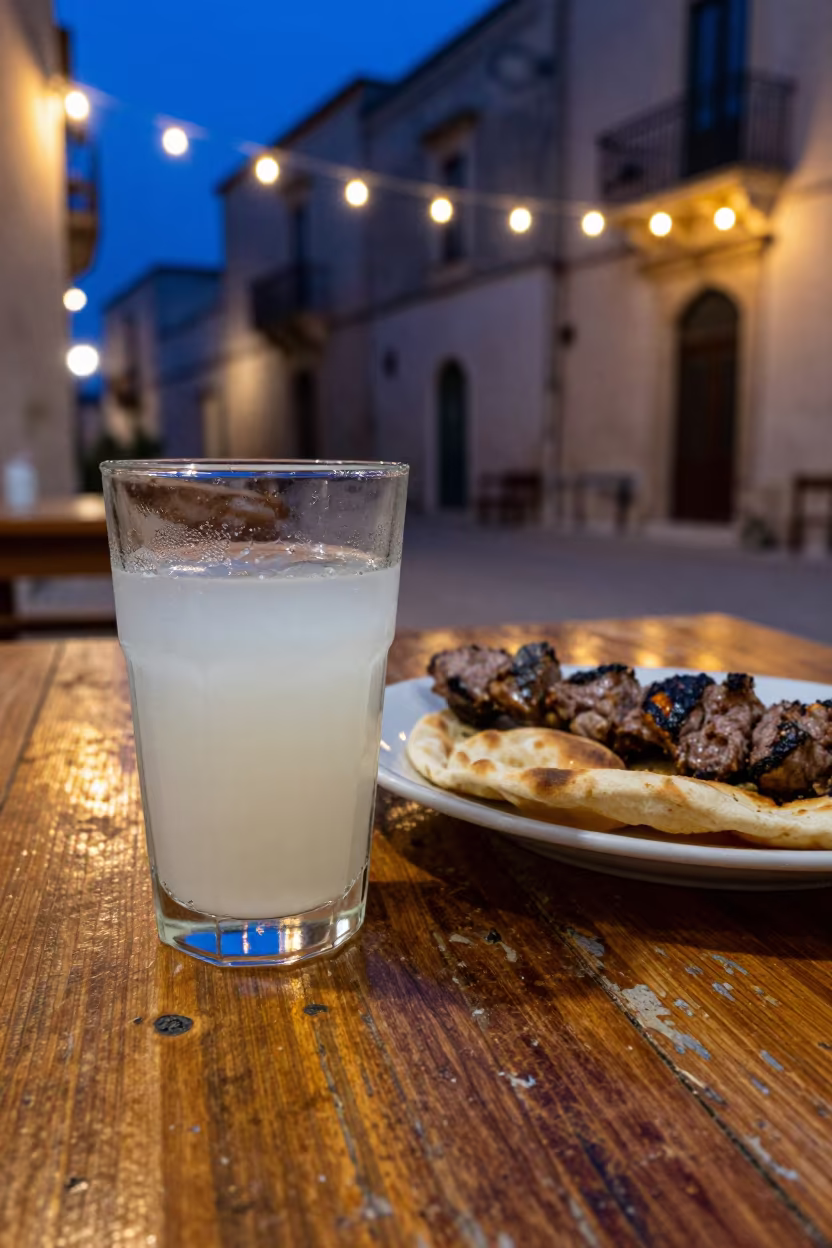 Ayran and Kebab on Rustic Wood in Lecce Evening in on a rustic wooden table in Lecce
