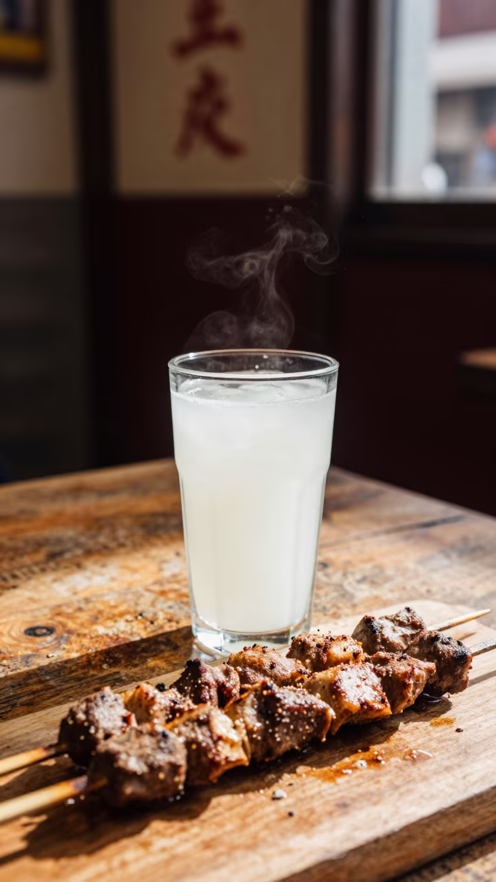 Ayran Glass and Kebab Skewer on Rustic Table in on a rustic wooden table in Dotonbori, Osaka