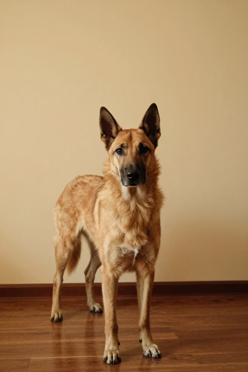 Azawakh Portrait Beside Plaster Wall in Morning Light in beside a plain plaster wall in soft indoor light with the animal centered in frame near Palermo