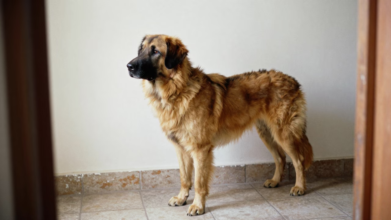 Azawakh Portrait Beside Plaster Wall in Soft Light in beside a plain plaster wall in soft indoor light with the animal centered in frame near Wolaita Sodo