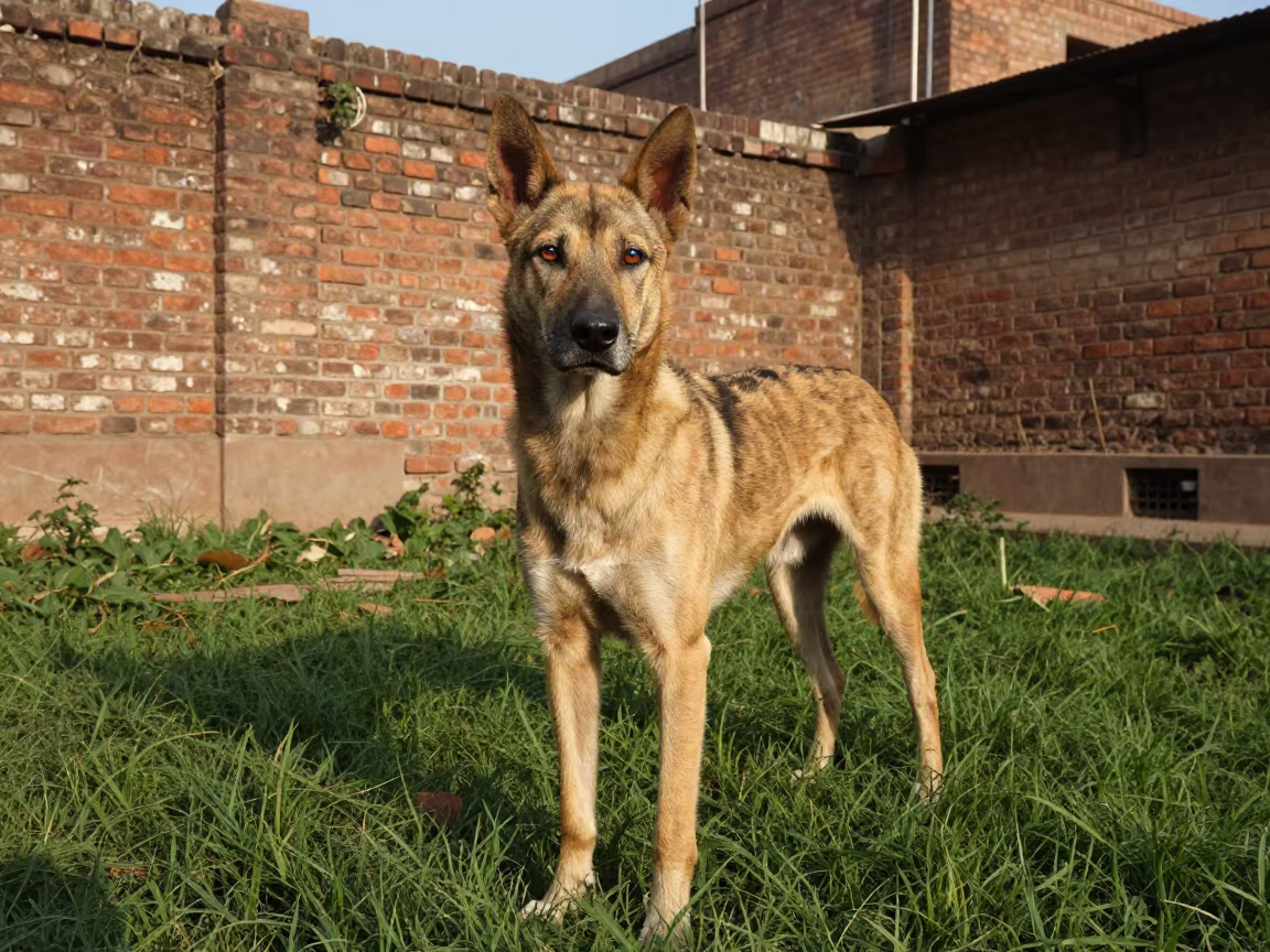 Azawakh Portrait in Delhi Winter Yard in in a small yard with clipped grass, calm light, and the animal centered in frame in Nizamuddin, Delhi
