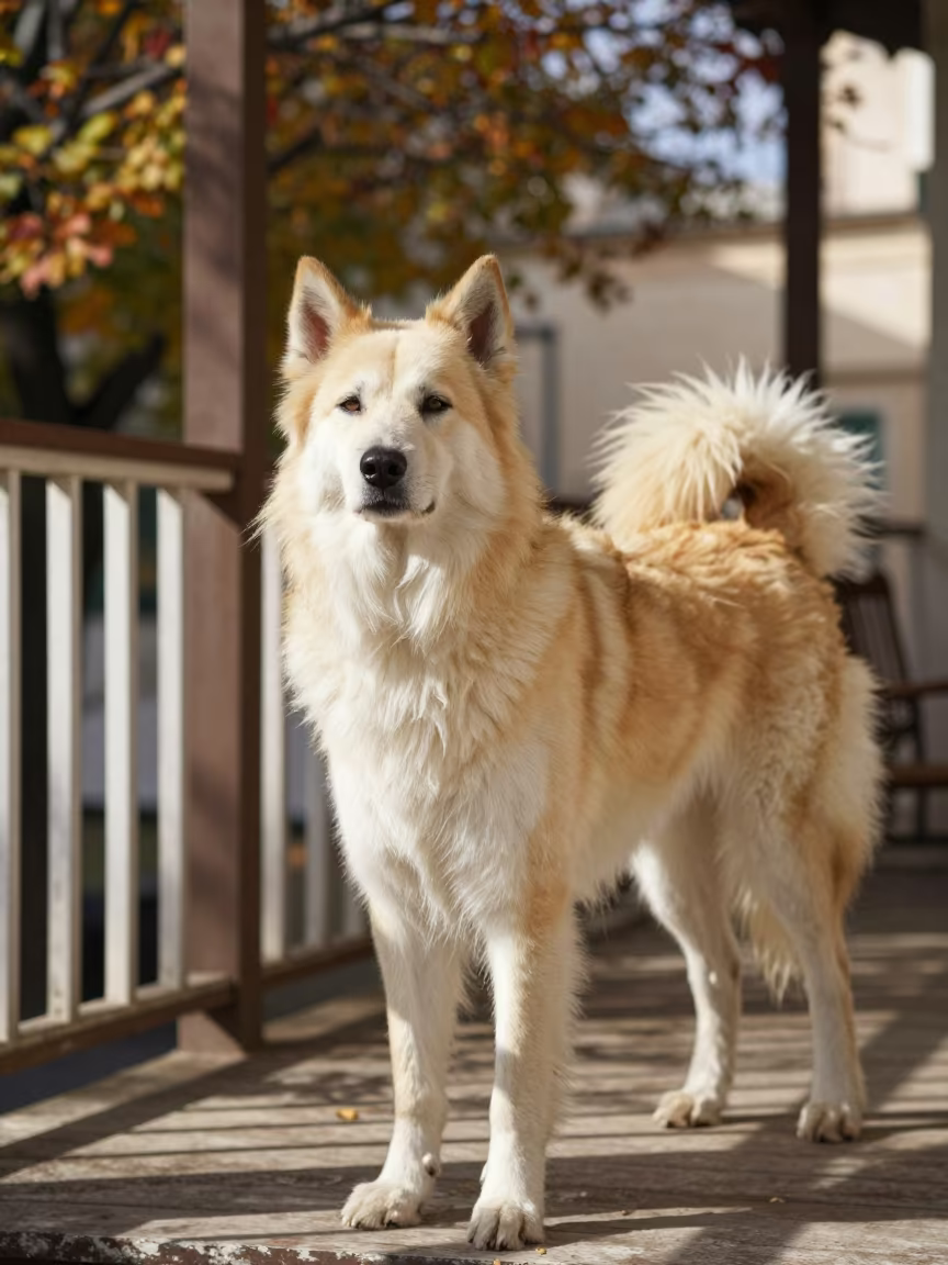 Azawakh Portrait on Taranto Porch in on a shaded front porch with boards, railings, and eye-level framing in Taranto