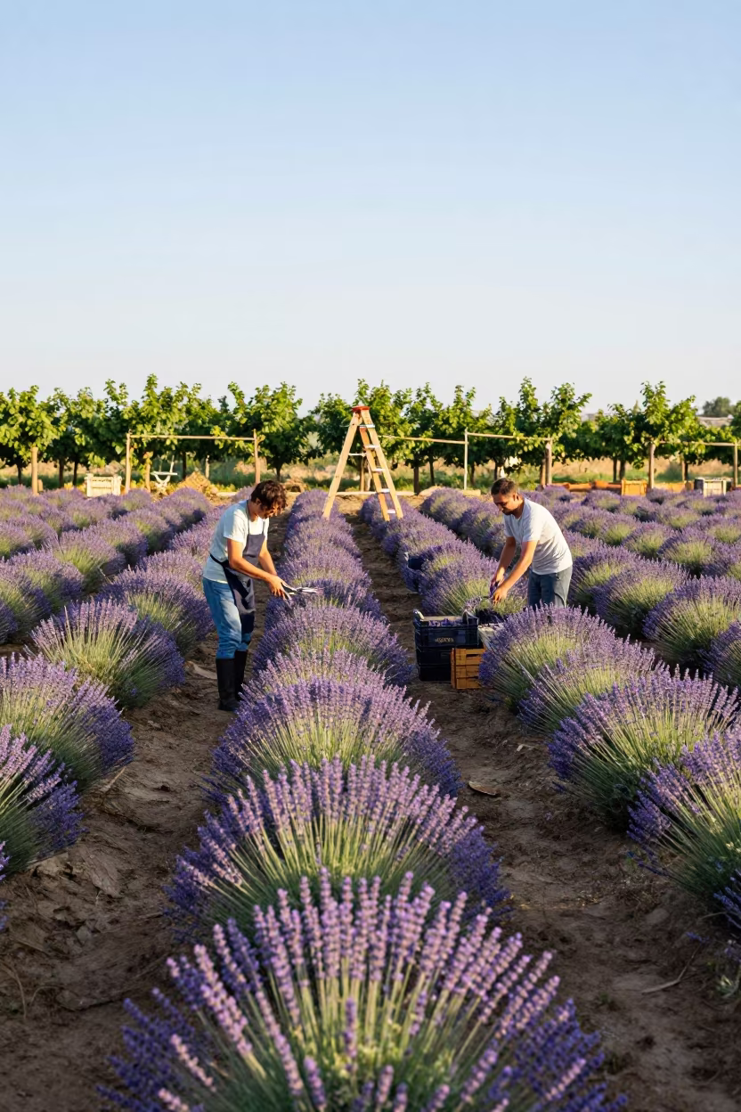 Azerbaijan Lavender Harvest Workers Cutting Rows in among orchard ladders and crates in Azerbaijan