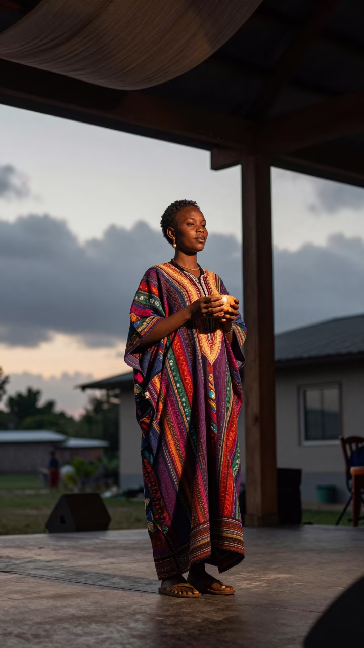 Azmari Singer Performing at Dawn in Oshawa in on a dimly lit stage in Oshawa