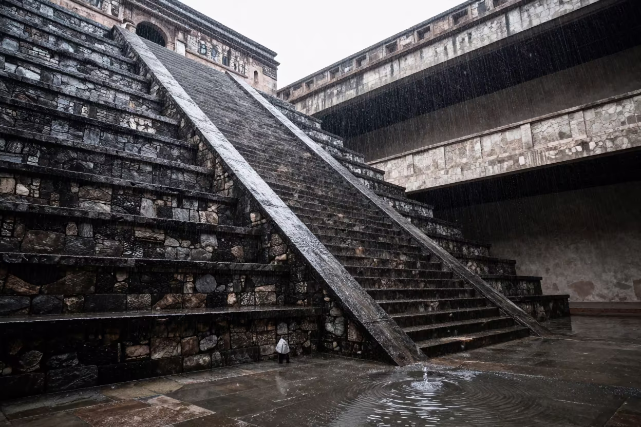 Aztec Pyramid Steps in Atrium with Water Reflections in inside a vaulted atrium in Santa Cruz de la Sierra
