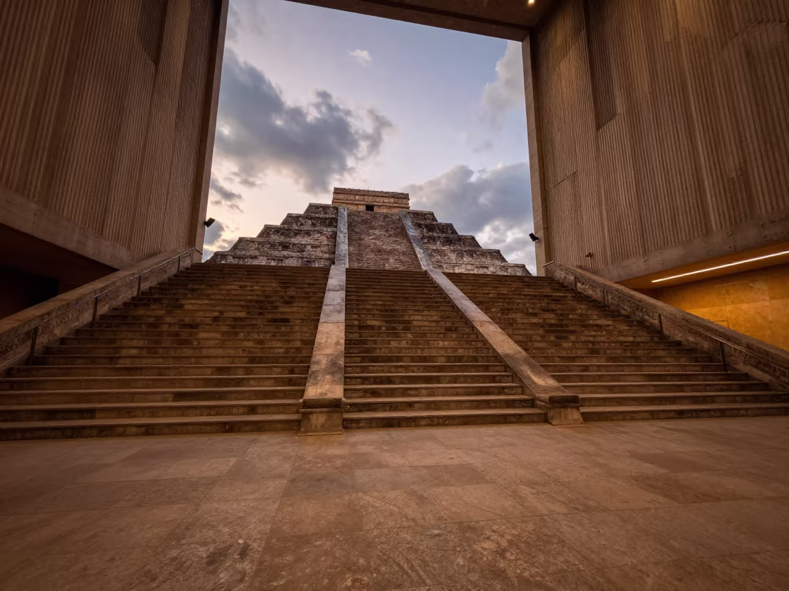 Aztec Pyramid Steps in Oklahoma Lobby in inside a ribbed concrete lobby in Oklahoma City