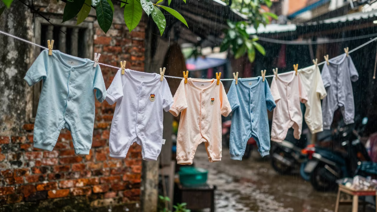 Baby Clothes on Line After Rain Haiphong in along a market lane in Haiphong
