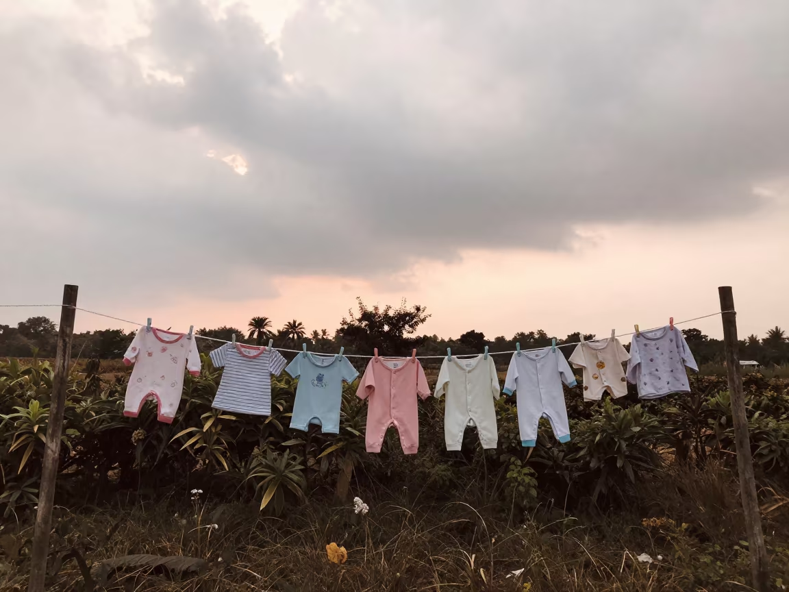 Baby Clothes on Line at Sunset Myitkyina Garden in near Myitkyina