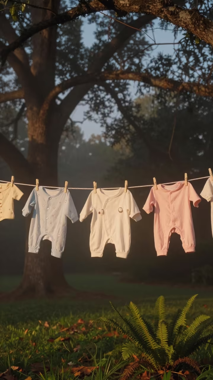 Baby Clothes on Line in Misty Atlanta Garden in near Atlanta