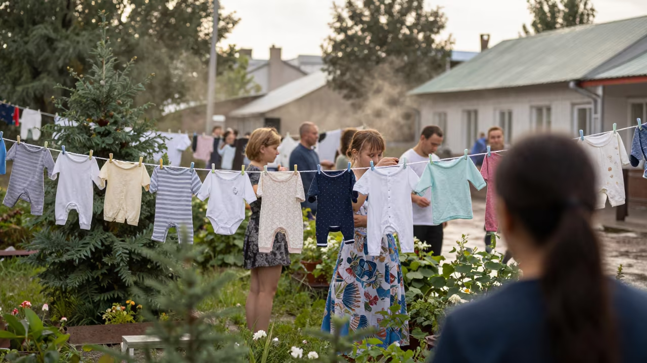 Baby clothes on line in Orsk garden in along a market lane in Orsk