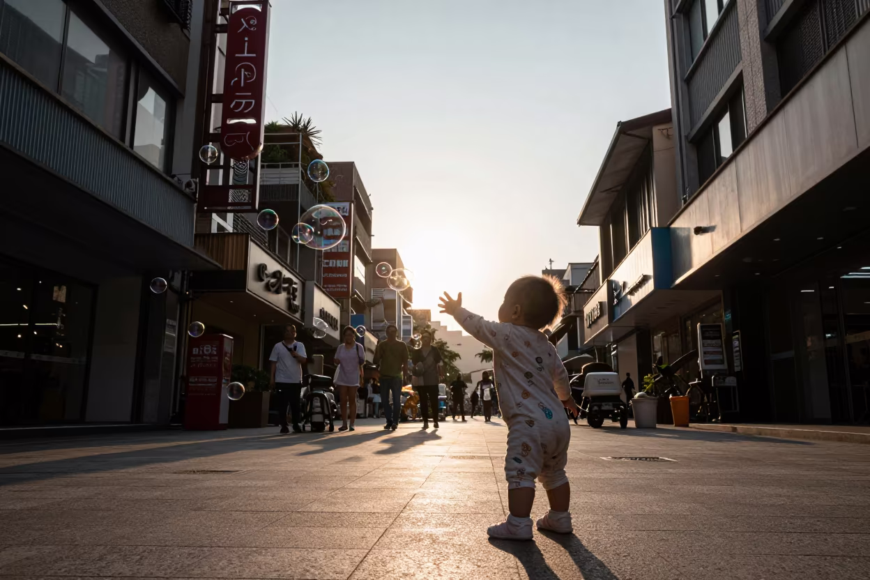 Baby Reaching for Bubbles in Ximending Taipei Dusk in in Ximending, Taipei