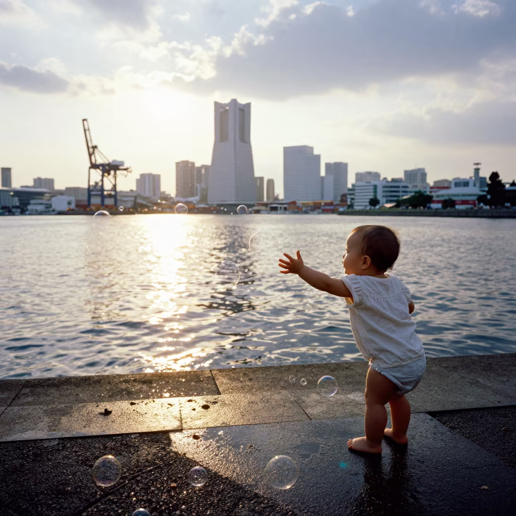 Baby Reaching for Bubbles in Yokohama Sunlight in in Yokohama