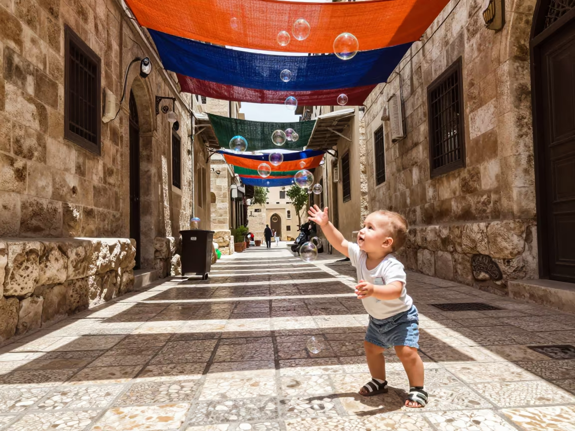Baby Reaching for Soap Bubbles in Zarqa in in the old quarter in Zarqa