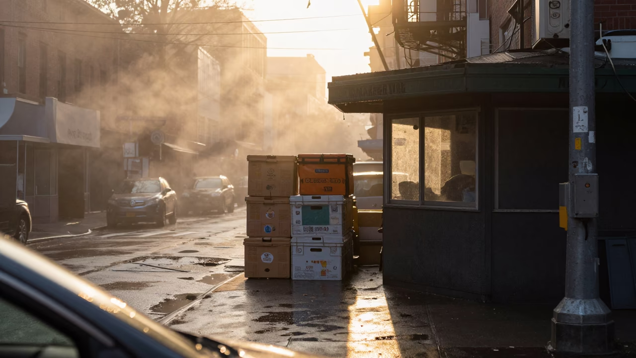 Back Alley Crates Fog Golden Hour New York in by a rain-darkened kiosk in New York