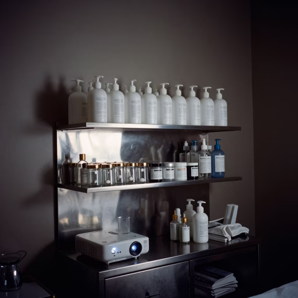 Backbar Pump Shelf Night Glow Skincare Room in inside a skincare treatment room near San Francisco