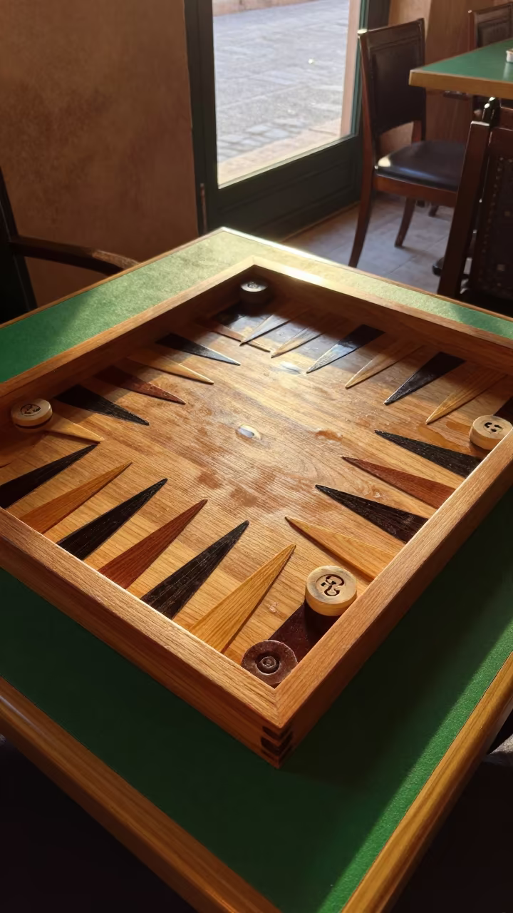 Backgammon Board Sunset Cafe Agadir in on a cafe table by a window in Agadir