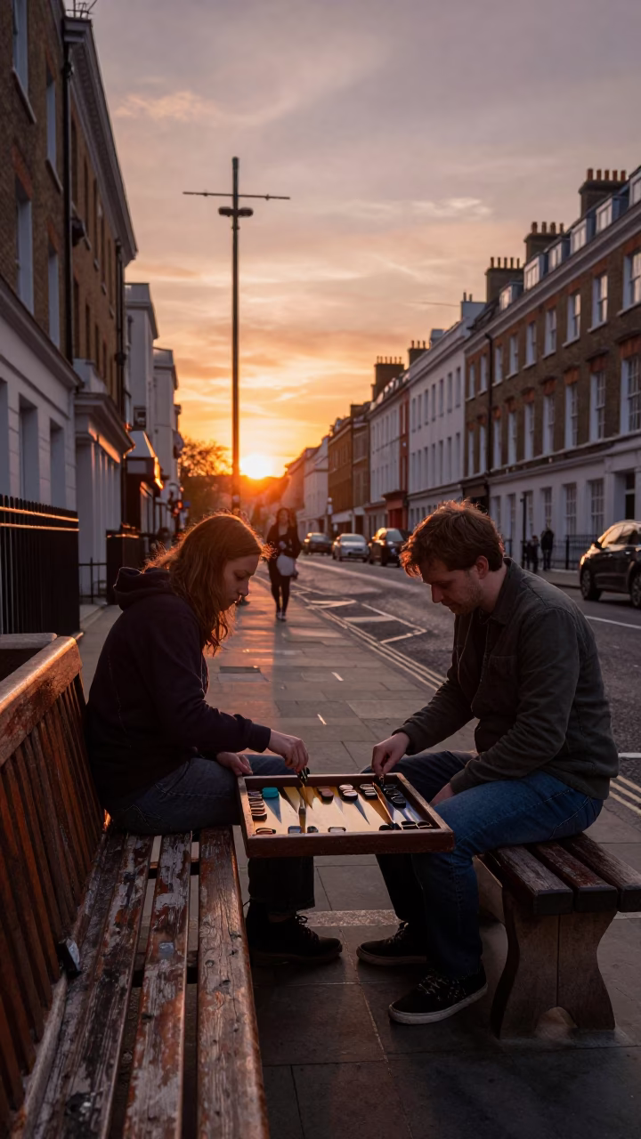 Backgammon Game in London at Copper-toned Light Before Dusk in in London, United Kingdom