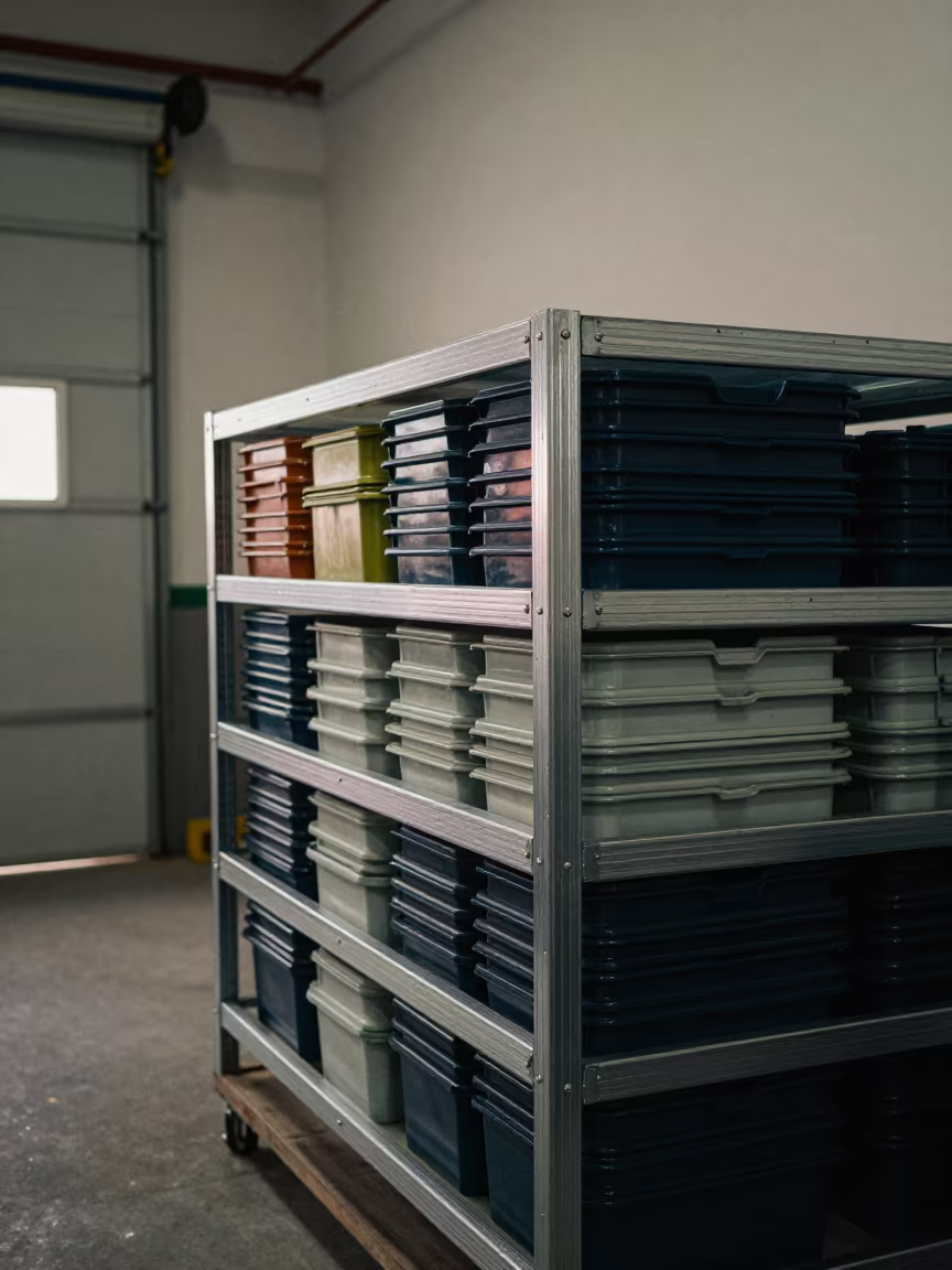 Backhaul Tote Rack in Yüksekova Warehouse Morning in inside a warehouse aisle in Yüksekova district