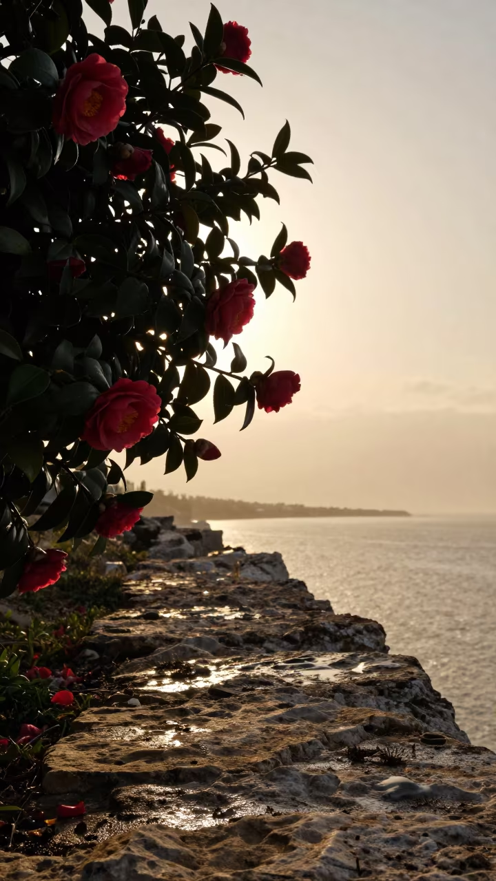 Backlit Camellia on Nice Cliff Edge in along a salt-sprayed cliff edge near Nice
