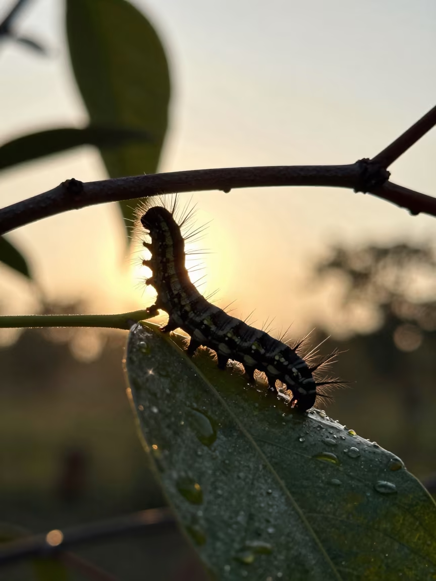 Backlit Caterpillar Silhouette on Rainy Leaf in in Guinea