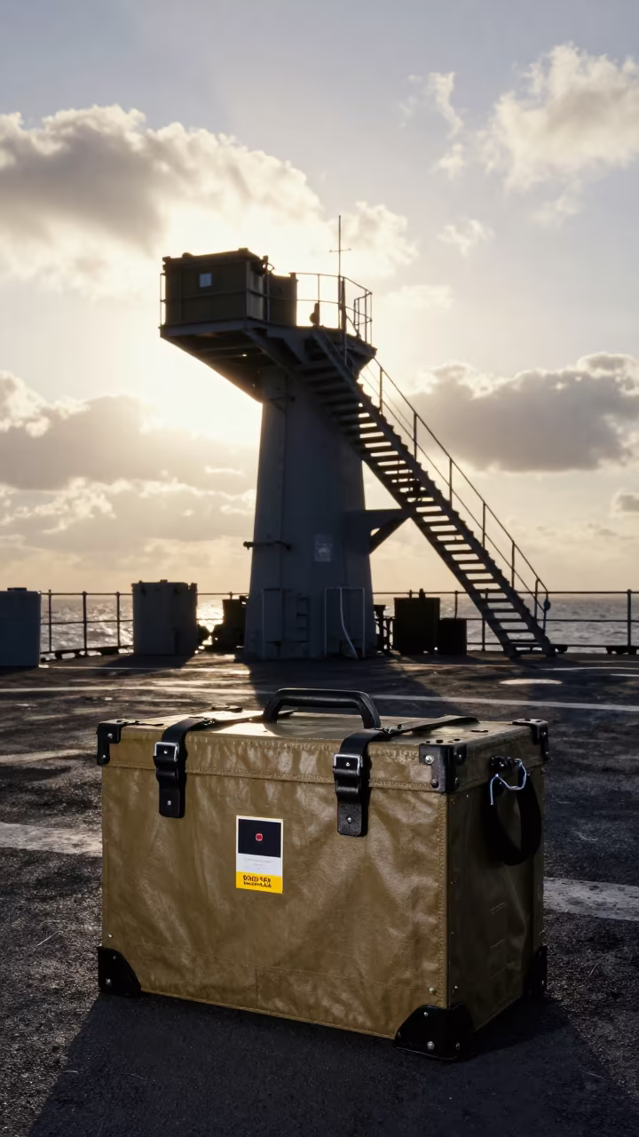 Backlit Chem Light Crate on Surreal Staircase Deck in on a naval deck in rough wind in Anyang