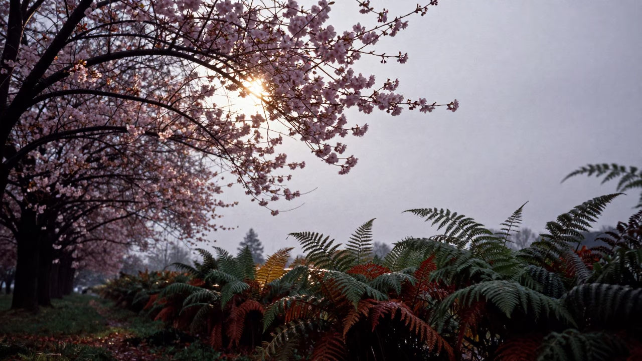 Backlit Cherry Blossom Branch in Autumn Rain in on a fern-lined forest floor near Brno