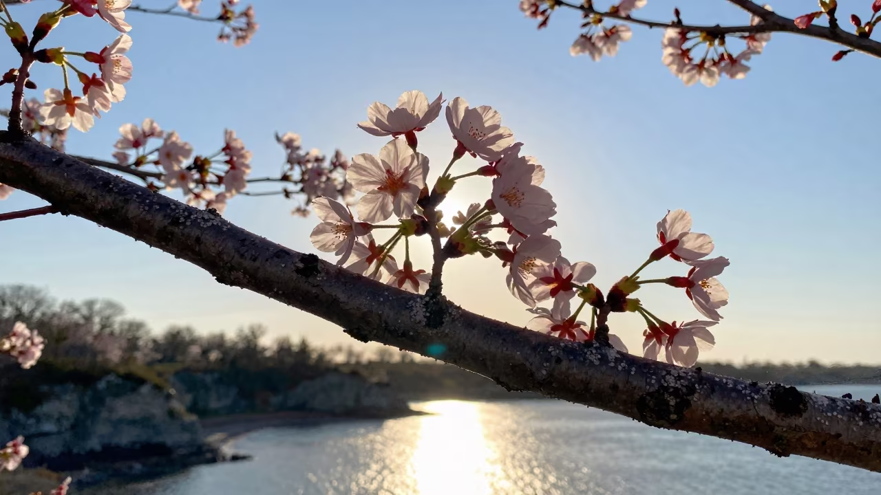 Backlit Cherry Blossom on Salt Spray Cliff in along a salt-sprayed cliff edge near Jacksonville