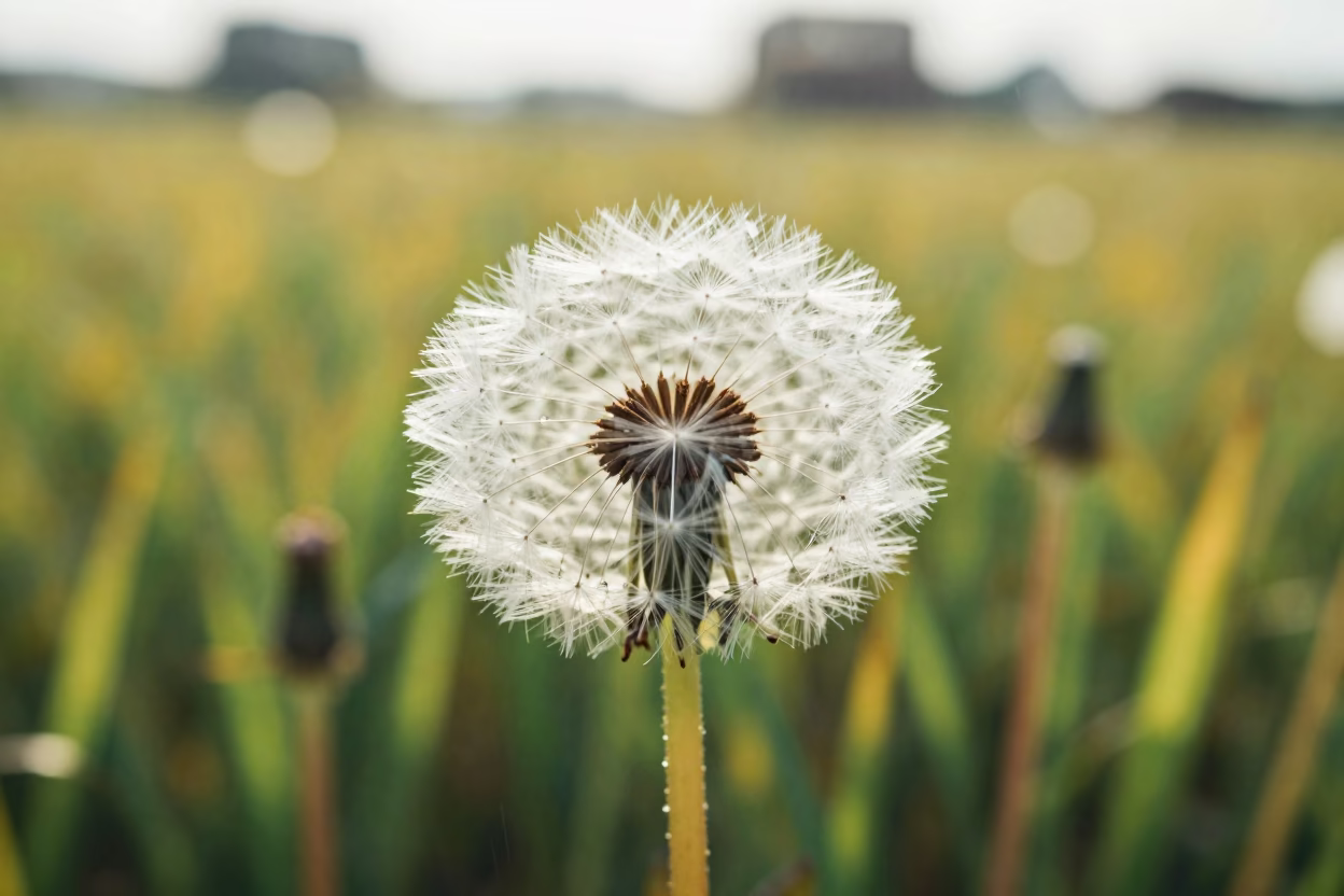 Backlit Dandelion in Mekong Delta Meadow in in a bloom-heavy meadow in the Mekong Delta