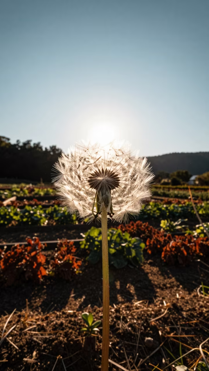 Backlit Dandelion in North Carolina Autumn Garden in among terraced garden plots in North Carolina