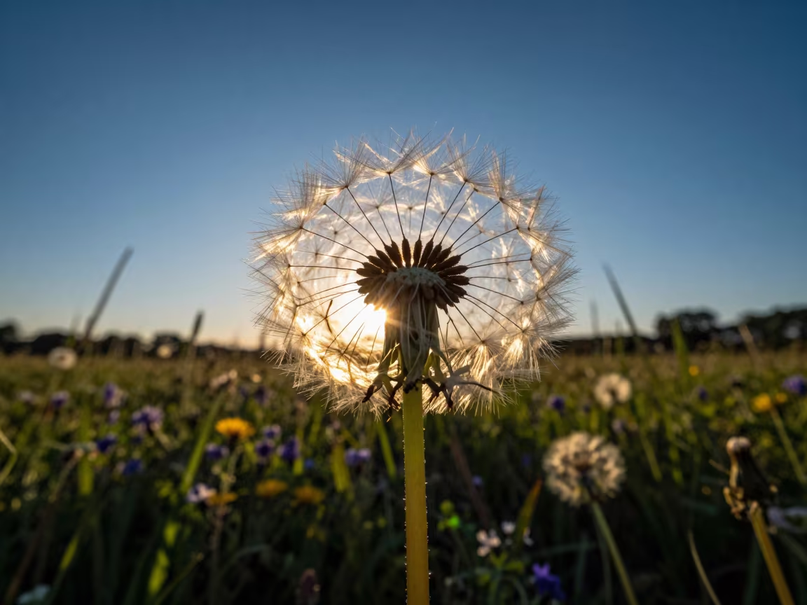 Backlit Dandelion in Taoyuan Midsummer Meadow in in a bloom-heavy meadow near Taoyuan County