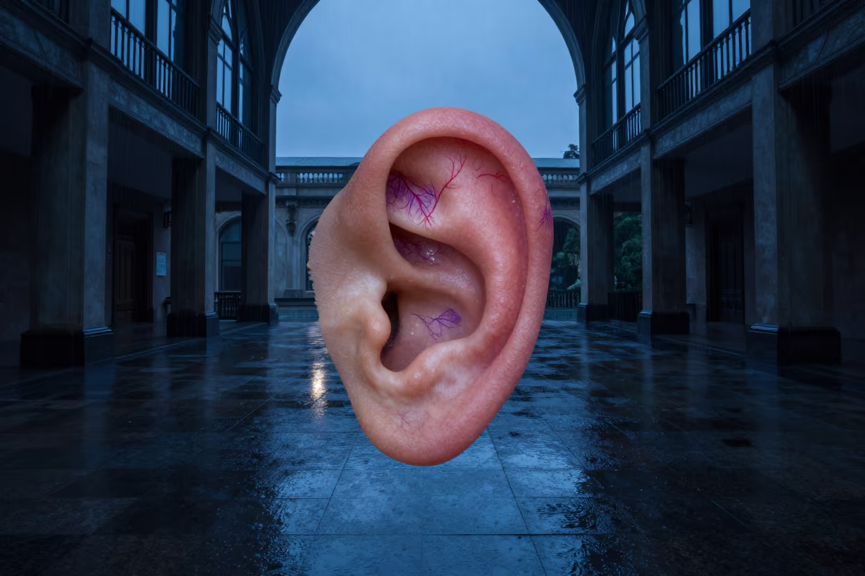 Backlit Ear Veins Over Polished Atrium Floor in inside a vaulted atrium near Pune
