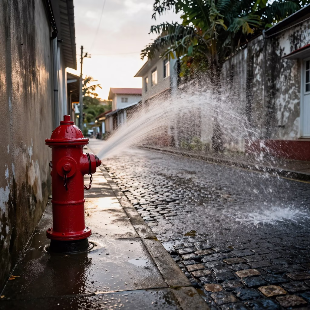 Backlit Fire Hydrant Spray in Seychelles Alley in at a tram stop in Victoria Seychelles