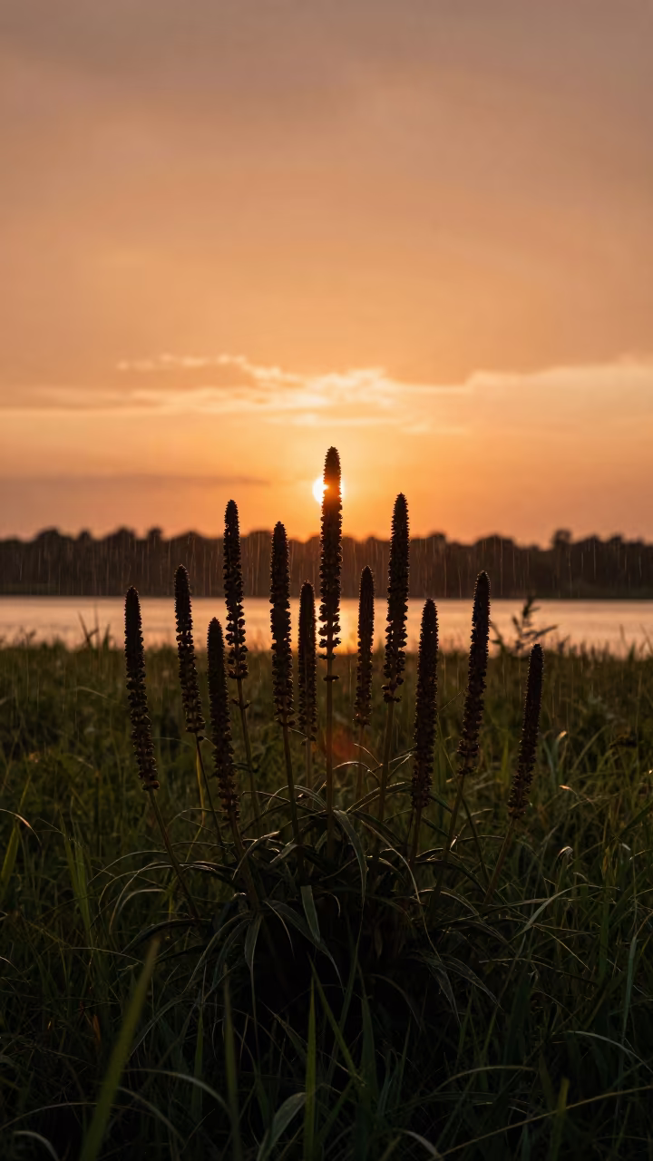 Backlit Horsetail Colony in Mississippi Rain in in a bloom-heavy meadow in Mississippi